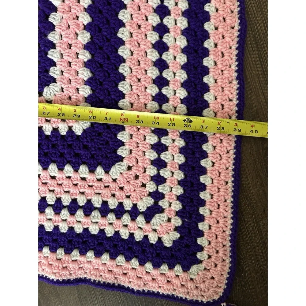 Vintage Afghan Granny Square Blanket Hand Crocheted Pink‎ Purple Tassel 41x39
